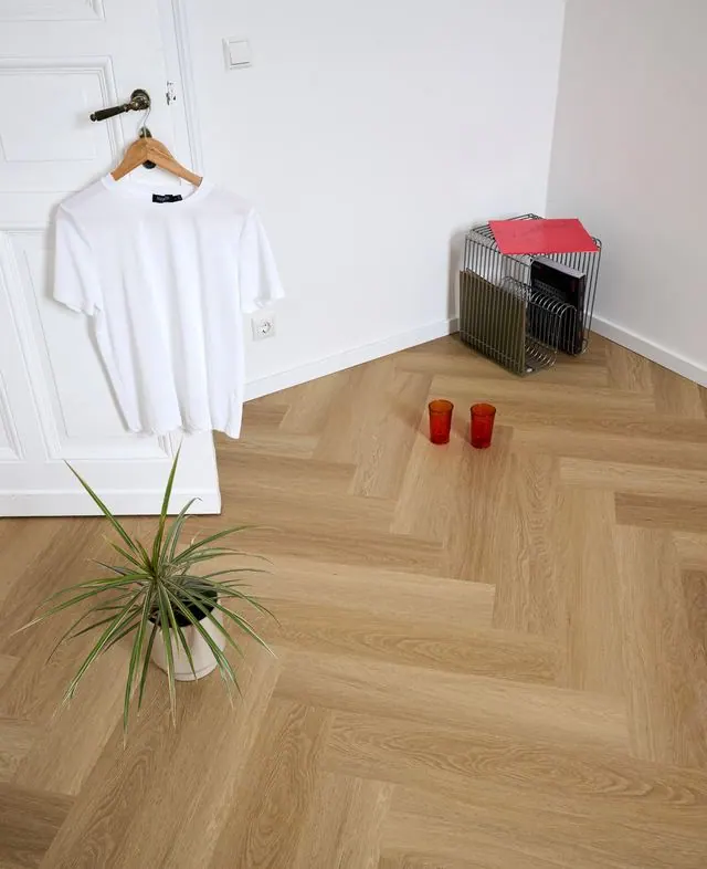 Herringbone floor in a bright room